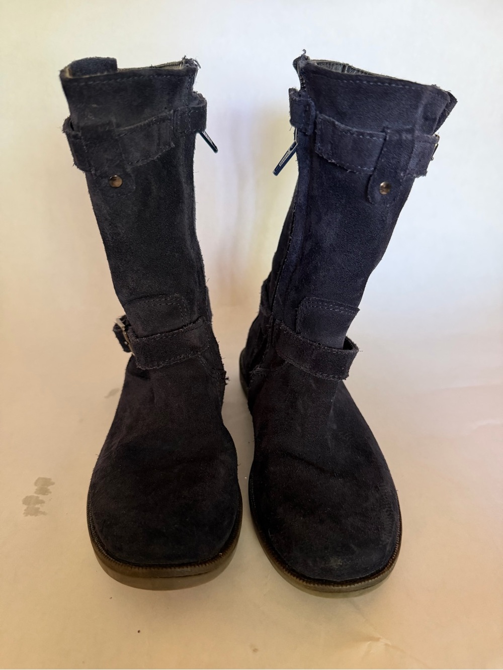 Kids Navy Suede Mid-Calf Boots with Strap Detail